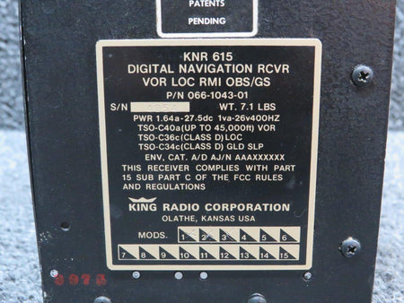King 066-1043-01 King KNR 615 Digital Navigation RCVR VOR, LOC, RMI, OBS-GS w Mods
