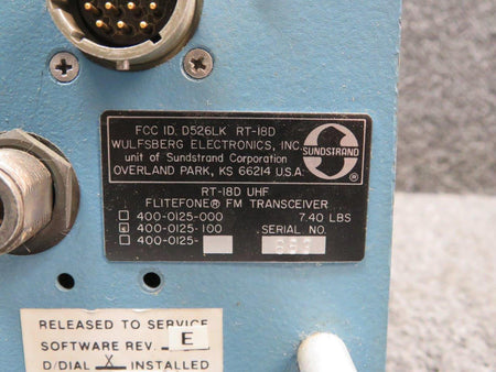 Wulfsberg-Sunstrand 400-0125-1000 Wulfsberg-Sunstrand RT-18D Flitefone Transceiver