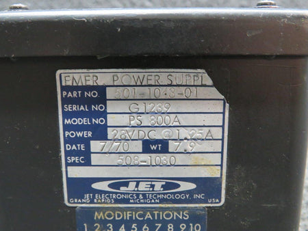 JET 501-1043-01 J.E.T. PS800A Emergency Power Supply w Mods (Volts: 28)