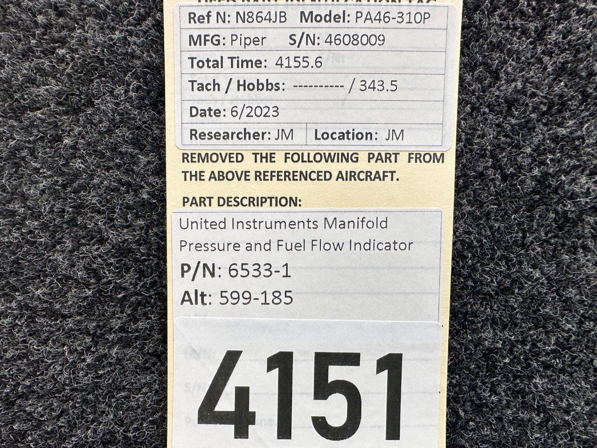 United Instruments 6533-1 (Alt: 599-185) United Instruments Manifold Pressure, Fuel Flow Indicator