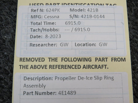Cessna Aircraft Parts 4E1489 Cessna 421B Propeller De-Ice Slip Ring Assembly