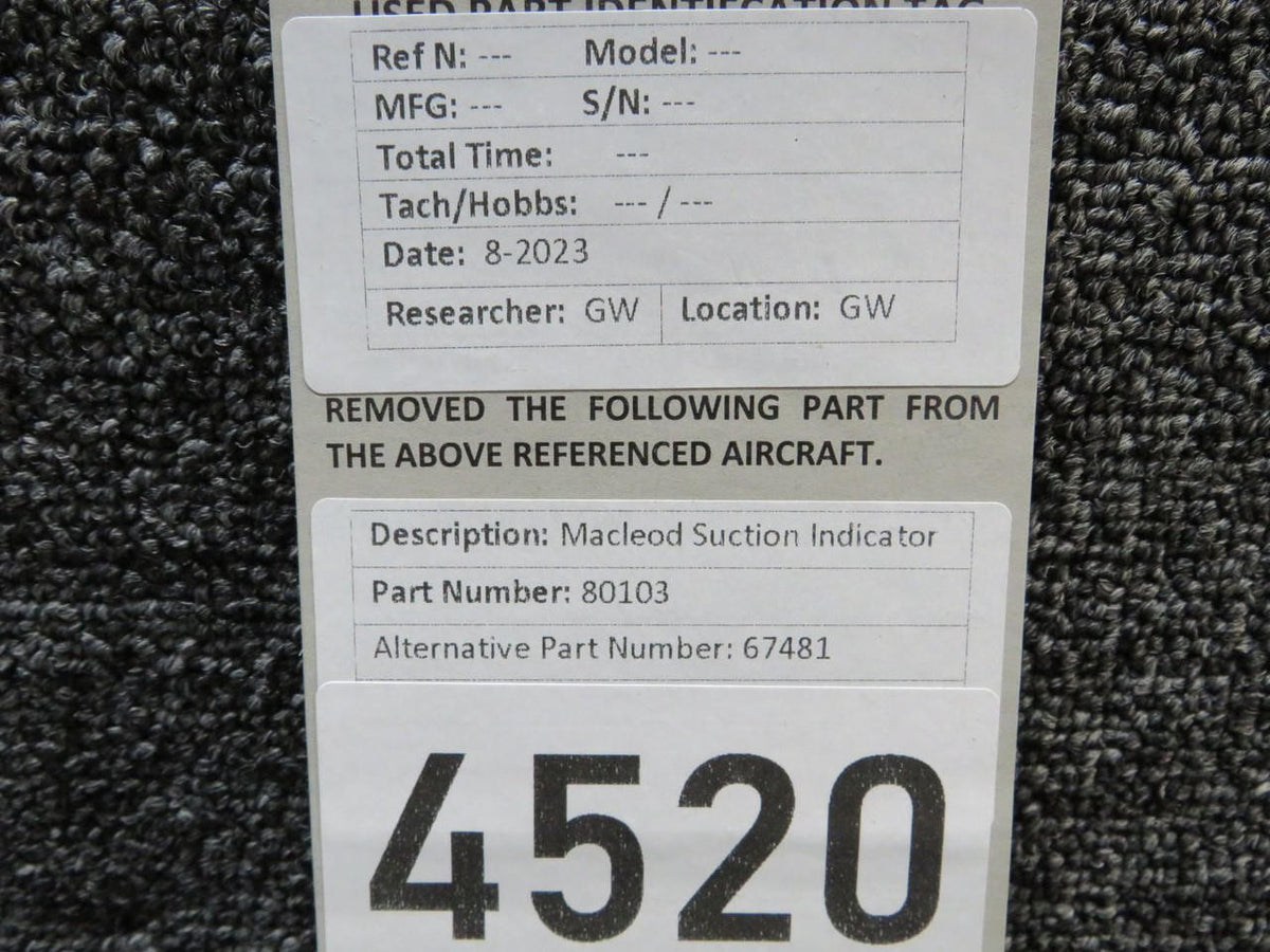 MacLeod 80103 (Alt: 67481) Macleod Suction Indicator (Scratched Face)