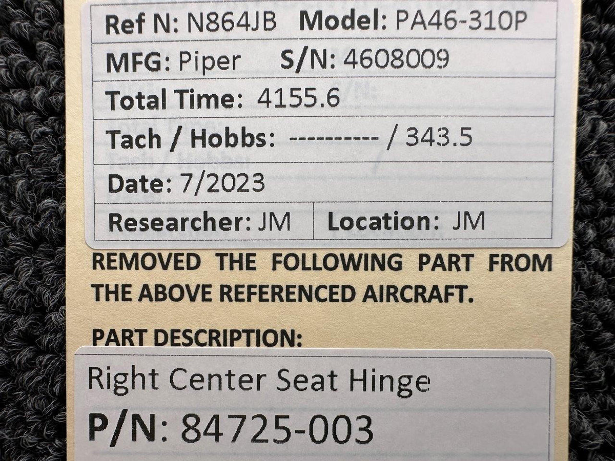 Piper Aircraft Parts 84725-003 Piper PA46-310P Right Center Seat Hinge