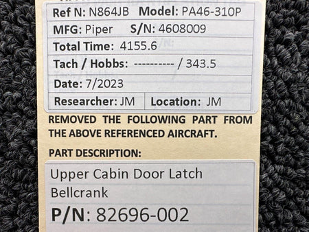 Piper Aircraft Parts 82696-002 Piper PA46-310P Upper Cabin Door Latch Bellcrank