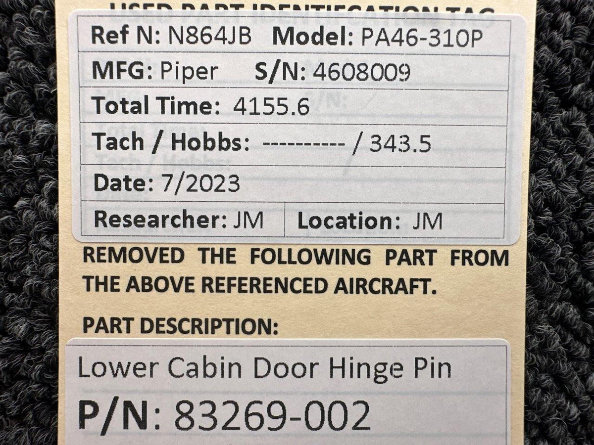 Piper Aircraft Parts 83269-002 Piper PA46-310P Lower Cabin Door Hinge Pin