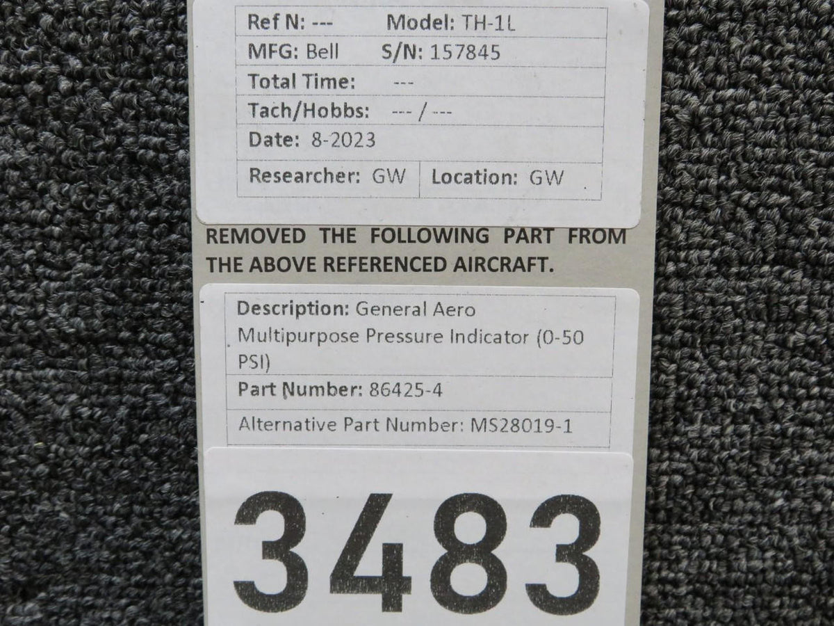 General Aero 86425-4 (Alt: MS28019-1) General Aero Multipurpose Pressure Indicator (0-50 PSI)