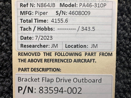 Piper Aircraft Parts 83594-002 Piper PA46-310P Bracket Flap Drive Outboard