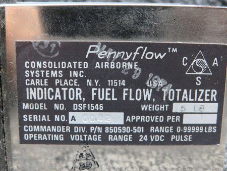 Consolidated Airborne Systems DSF1546 Consolidated Airborne Fuel Flow Totalizer Indicator (Minus Dial Cover)