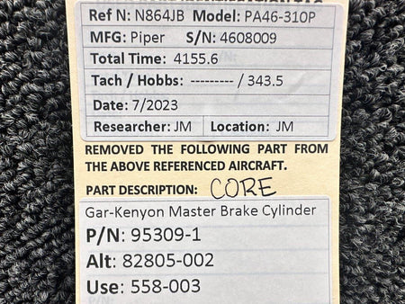 Gar-Kenyon 95309-1 Piper PA46-310P Gar-Kenyon Master Brake Cylinder (Core)