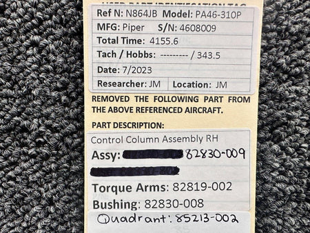 Piper Aircraft Parts 82830-009 Piper PA46-310P Control Column Tube with Torque Arms RH