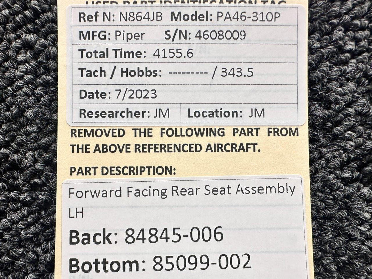 Piper Aircraft Parts 84845-006, 85099-002 Piper PA46-310P Forward Facing Rear Seat Assembly LH