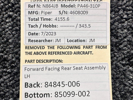 Piper Aircraft Parts 84845-006, 85099-002 Piper PA46-310P Forward Facing Rear Seat Assembly LH