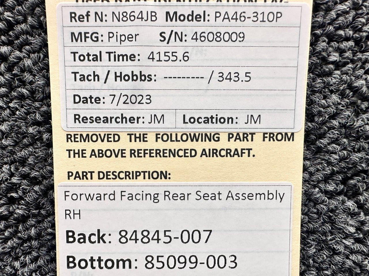 Piper Aircraft Parts 84845-007, 85099-003 Piper PA46-310P Forward Facing Rear Seat Assembly RH