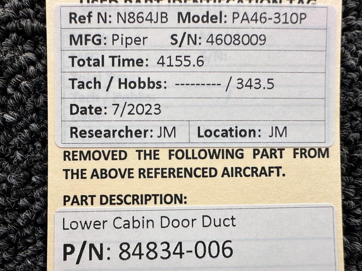 Piper Aircraft Parts 84834-006 Piper PA46-310P Lower Cabin Door Duct
