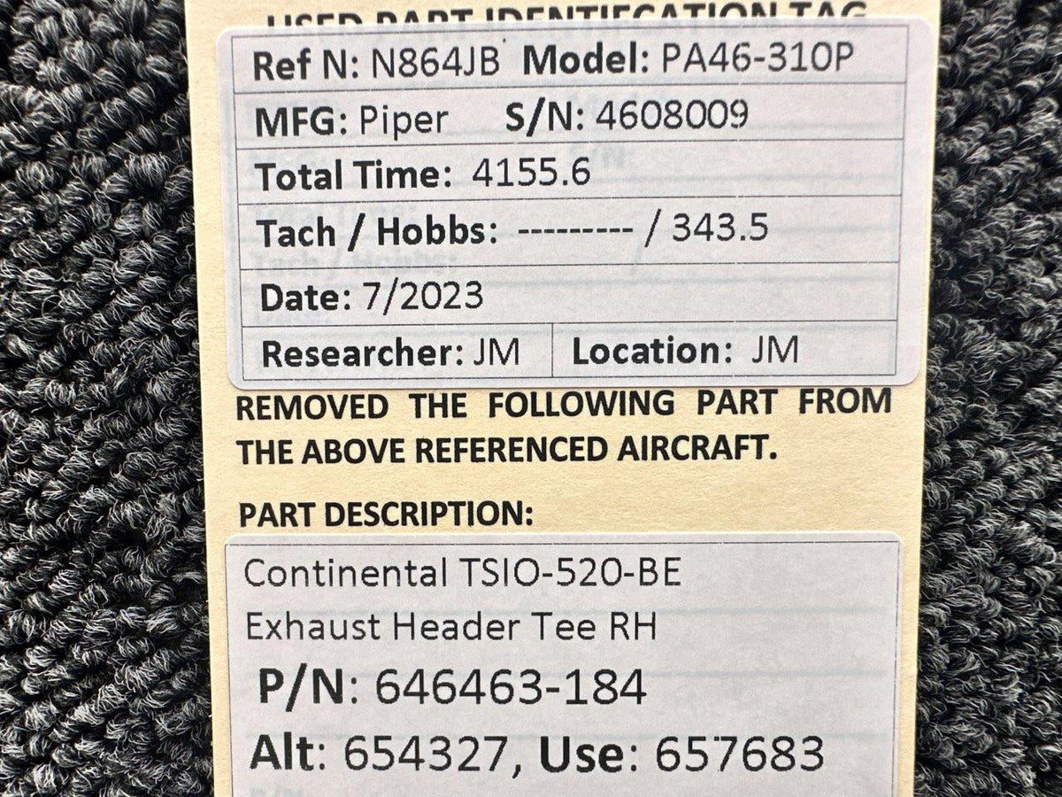 Continental Motors  646463-184 (Alt: 654327) Continental TSIO-520-BE Exhaust Header Tee RH