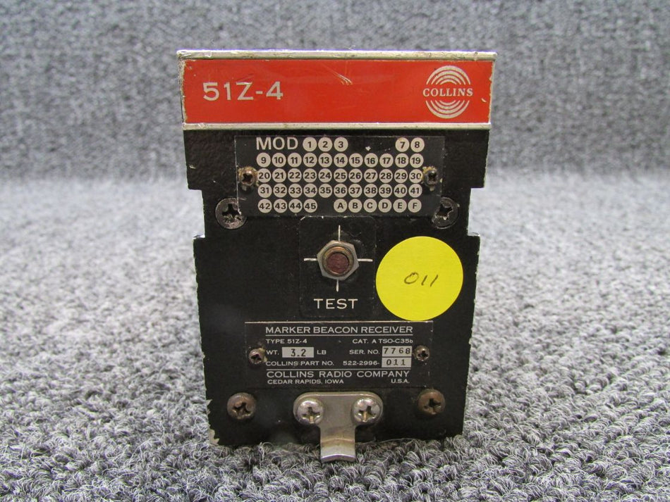 522-2996-011 Collins 51Z-4 Marker Beacon Receiver with Mods (Missing Handle)