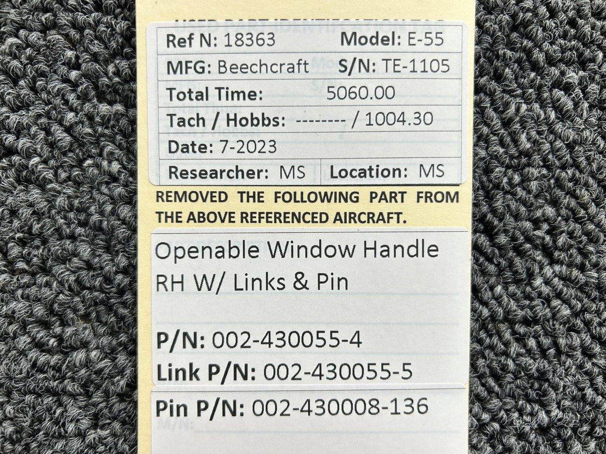 Beechcraft Parts 002-430055-4, 002-430055-5 Beech Openable Window Handle RH with Links and Pin