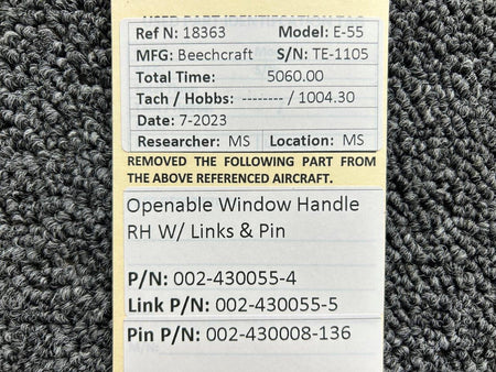 Beechcraft Parts 002-430055-4, 002-430055-5 Beech Openable Window Handle RH with Links and Pin