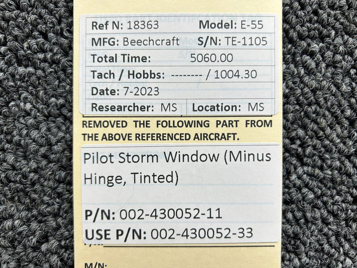Beechcraft Parts 002-430052-11 (Use: 002-430052-33) Beech Pilot Storm Window (Minus Hinges)