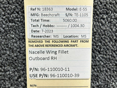 Beechcraft Parts 96-110010-11 (Use: 96-110010-39) Beechcraft E-55 Nacelle Wing Fillet Outboard RH