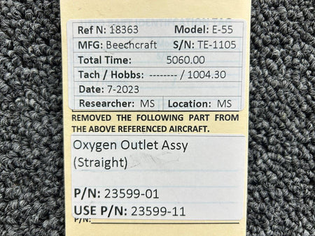 Beechcraft Parts 23599-01 (Use: 23599-11) Beechcraft E-55 Oxygen Outlet Assembly (Straight)