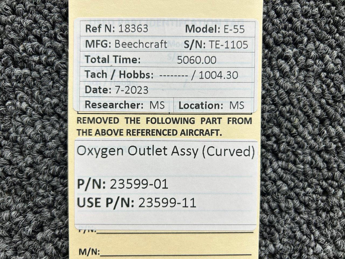 Beechcraft Parts 23599-01 (Use: 23599-11) Beechcraft E-55 Oxygen Outlet Assembly (Curved)