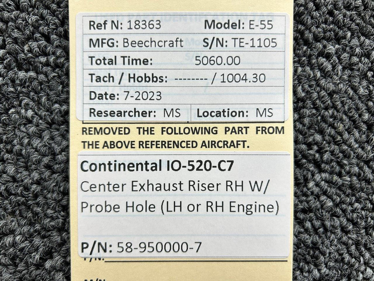 Continental Motors  58-950000-7 Continental IO-520-C7 Center Exhaust Riser RH with Probe Hole