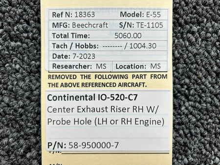 Continental Motors  58-950000-7 Continental IO-520-C7 Center Exhaust Riser RH with Probe Hole