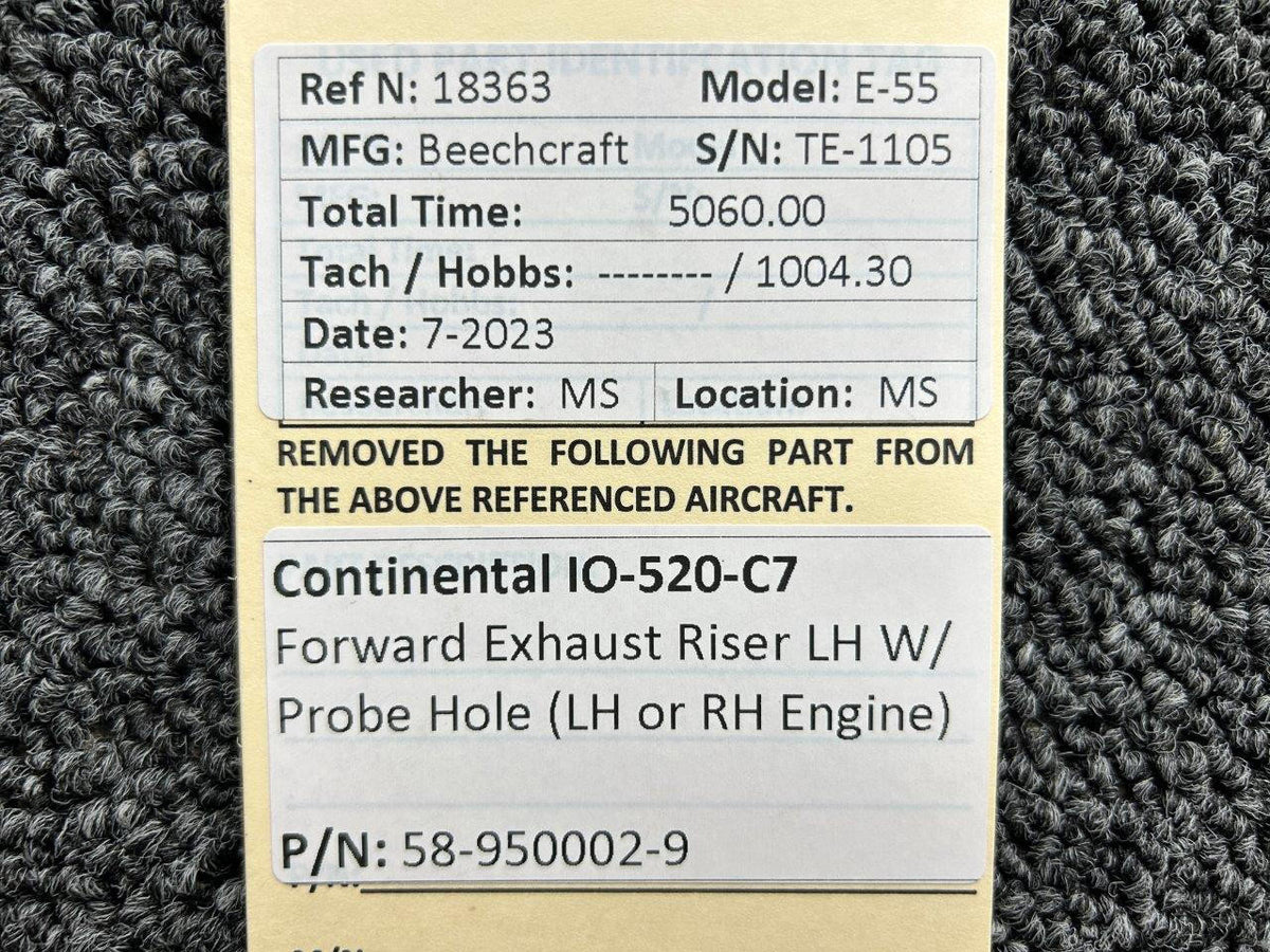 Continental Motors  58-950002-9 Continental IO-520-C7 Forward Exhaust Riser LH with Probe Hole
