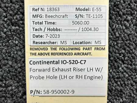 Continental Motors  58-950002-9 Continental IO-520-C7 Forward Exhaust Riser LH with Probe Hole