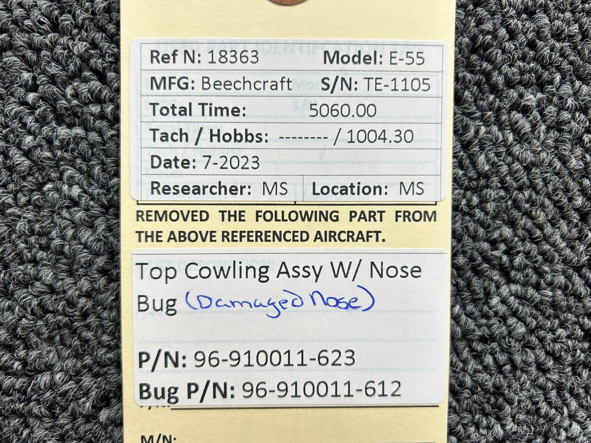 Beechcraft Parts 96-910011-623, 96-910011-612 Beechcraft E-55 Top Cowling with Nose Bug (Damaged)
