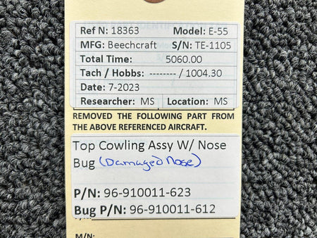 Beechcraft Parts 96-910011-623, 96-910011-612 Beechcraft E-55 Top Cowling with Nose Bug (Damaged)