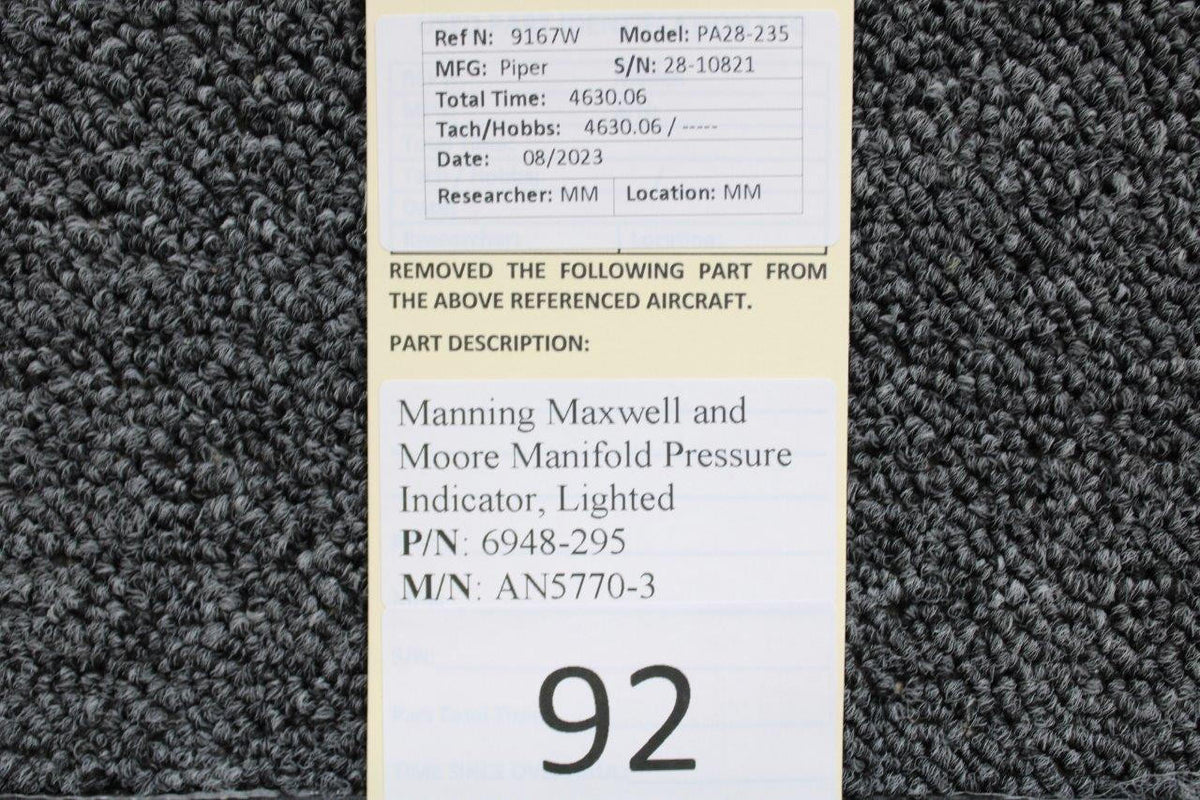 Manning Maxwell & Moore 6948-295 Manning Maxwell and Moore AN5770-3 Manifold Pressure Indicator, Lighted