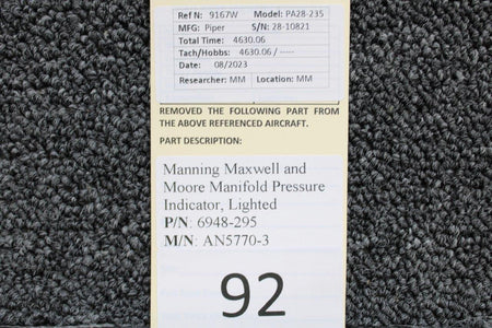Manning Maxwell & Moore 6948-295 Manning Maxwell and Moore AN5770-3 Manifold Pressure Indicator, Lighted