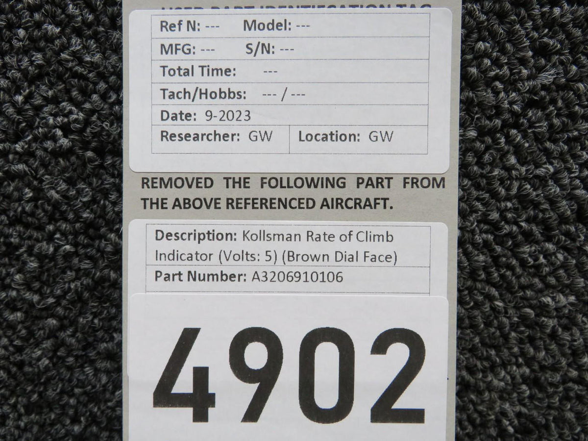 kollsman A3206910106 Kollsman Rate of Climb Indicator (Volts: 5) (Brown Dial Face)