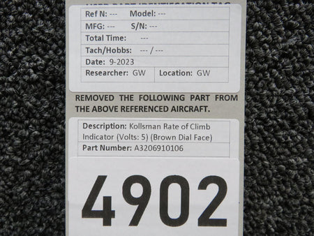 kollsman A3206910106 Kollsman Rate of Climb Indicator (Volts: 5) (Brown Dial Face)