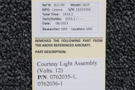 Cessna Aircraft Parts 0762035-1, 0762036-1 Cessna 182P Courtesy Light Assembly (Volts: 12)