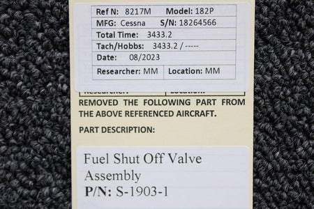 Cessna Aircraft Parts S-1903-1 Cessna 182P Fuel Shut Off Valve Assembly