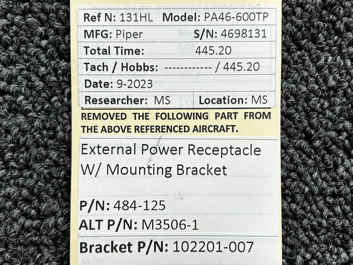 Piper Aircraft Parts 484-125, 102201-007 Piper PA46-600TP External Power Receptacle with Bracket