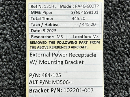 Piper Aircraft Parts 484-125, 102201-007 Piper PA46-600TP External Power Receptacle with Bracket