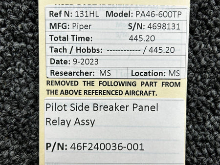 Piper Aircraft Parts 46F240036-001 Piper PA46-600TP Pilot Side Breaker Panel Relay Assembly