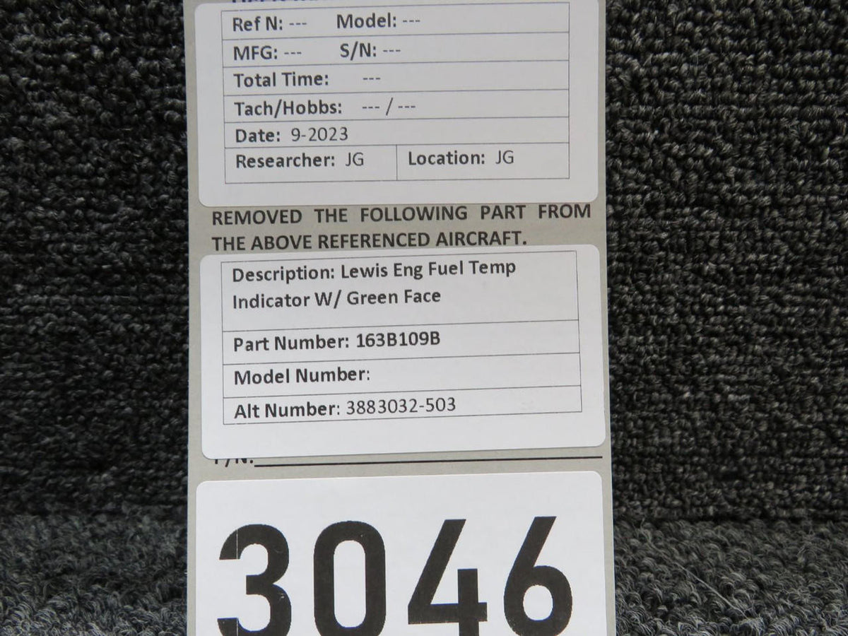 Lewis 163B109B (Alt: 3883032-503) Lewis Fuel Temp Indicator w Green Face