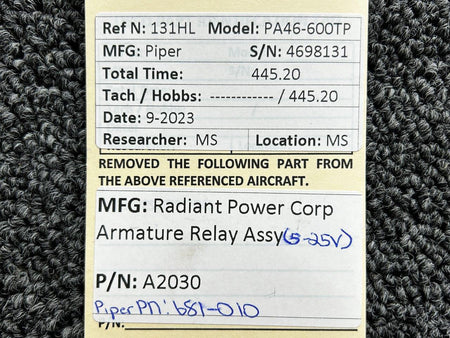 Radiant Power Corp A2030 (Alt: 681-010) Radiant Power Corp Armature Relay Assembly (Volts: 5-25)