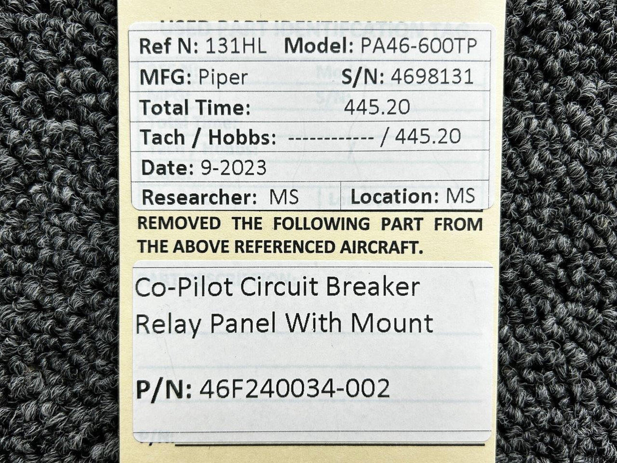 Piper Aircraft Parts 46F240034-002 Piper PA46-600TP Co-Pilot Circuit Breaker Relay Panel with Mount