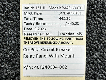 Piper Aircraft Parts 46F240034-002 Piper PA46-600TP Co-Pilot Circuit Breaker Relay Panel with Mount