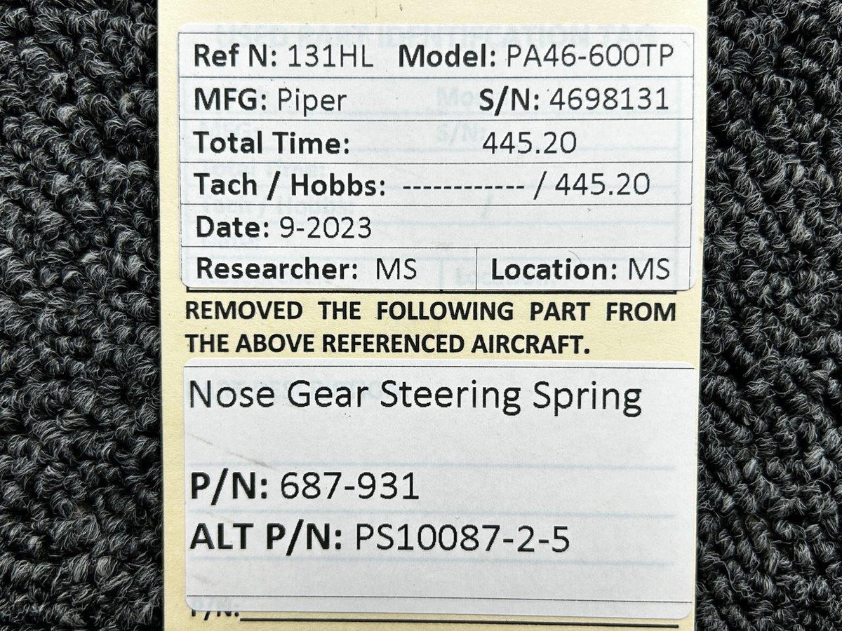 Piper Aircraft Parts 687-931 (Alt: PS10087-2-5) Piper PA46-600TP Nose Gear Steering Spring