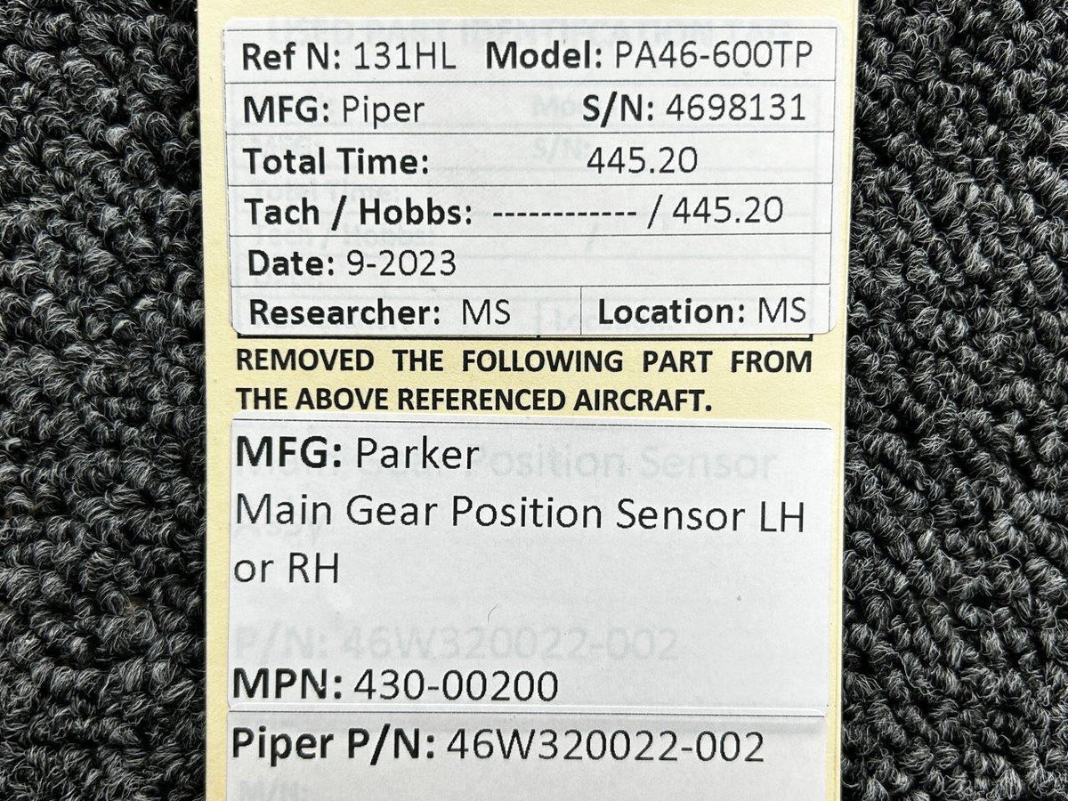 Parker 430-00200 (Alt: 46W320022-002) Parker Main Gear Position Sensor LH or RH