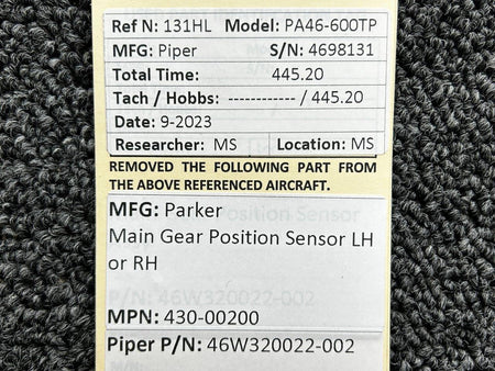 Parker 430-00200 (Alt: 46W320022-002) Parker Main Gear Position Sensor LH or RH