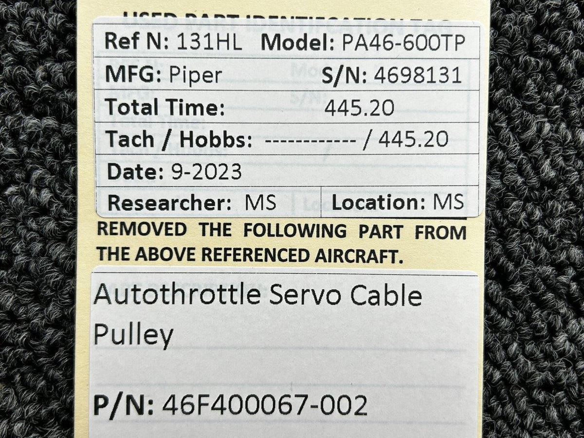 Piper Aircraft Parts 46F400067-002 Piper PA46-600TP Autothrottle Servo Cable Pulley