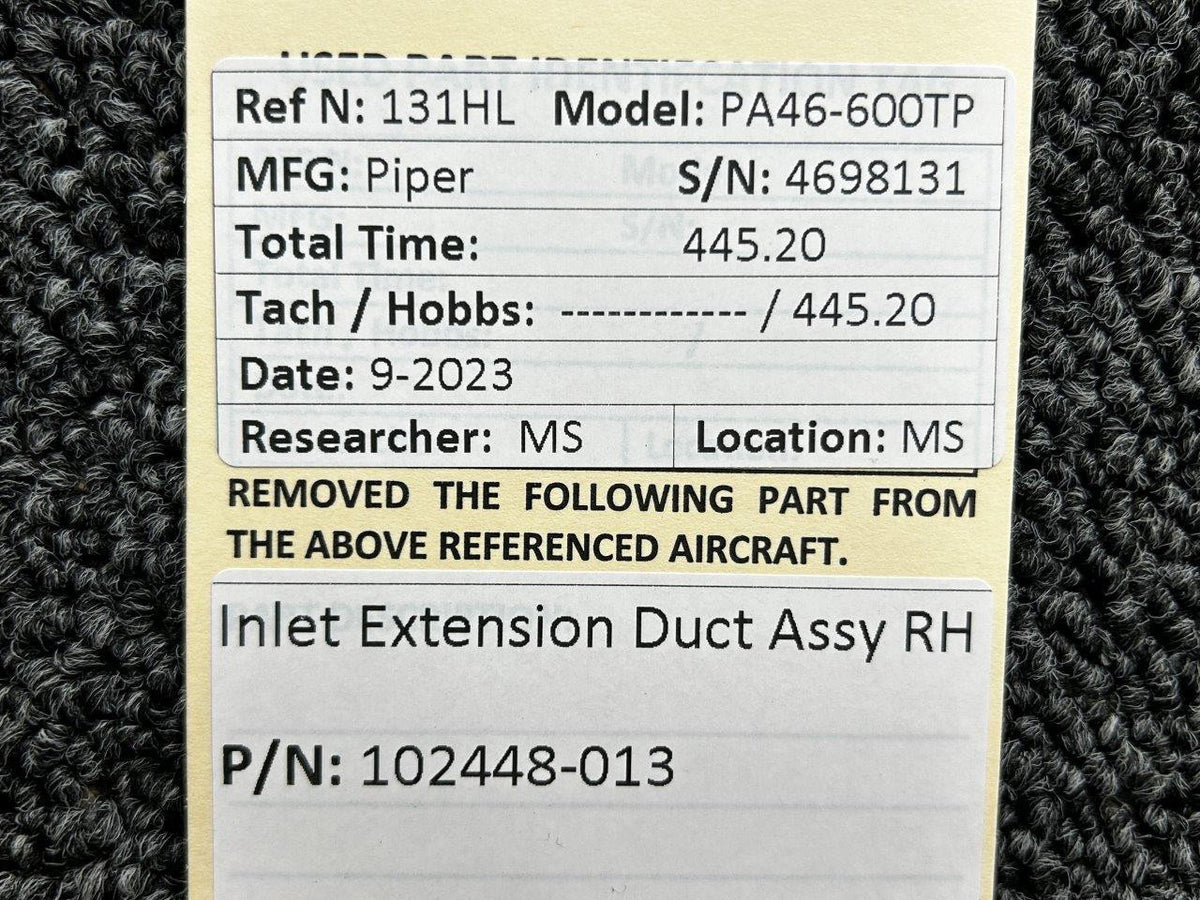 Piper Aircraft Parts 102448-013 Piper PA46-600TP Inlet Extension Duct Assembly RH
